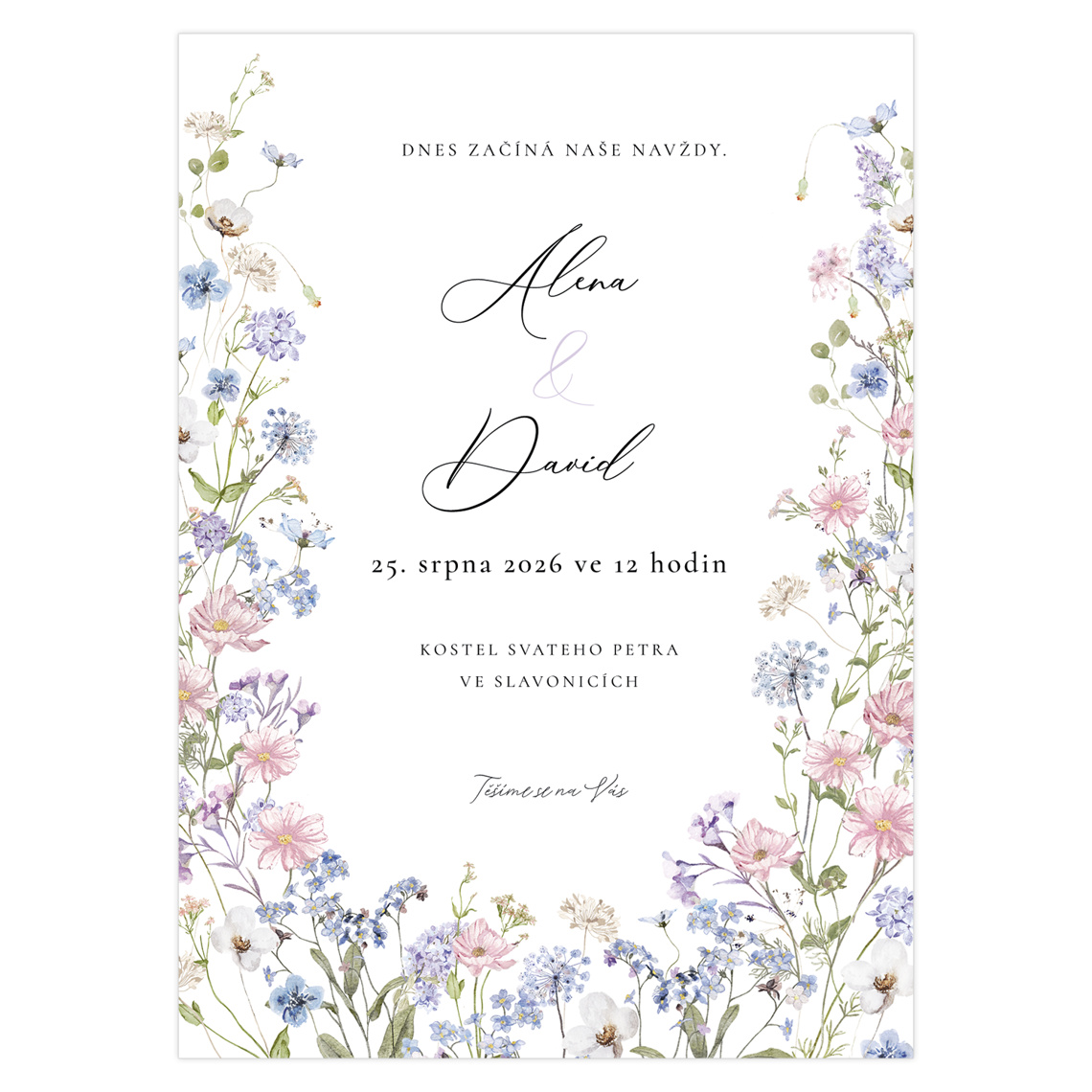 Svatební oznámení s pastelovými akvarelovými lučními květy a jmény Alena a David.
