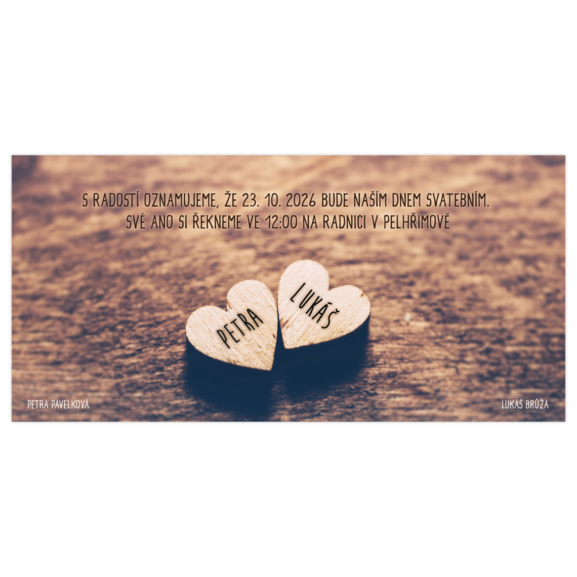 Svatební oznámení 180 – Srdíčka ze dřeva