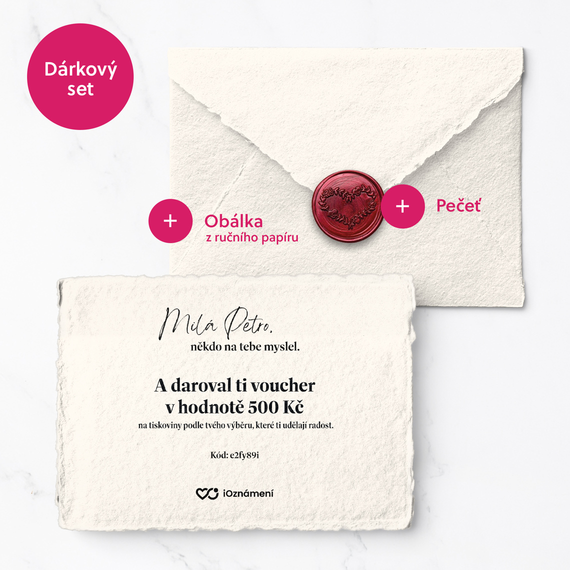 Dárkový voucher z ručního papíru s obálkou a pečetí 500 Kč